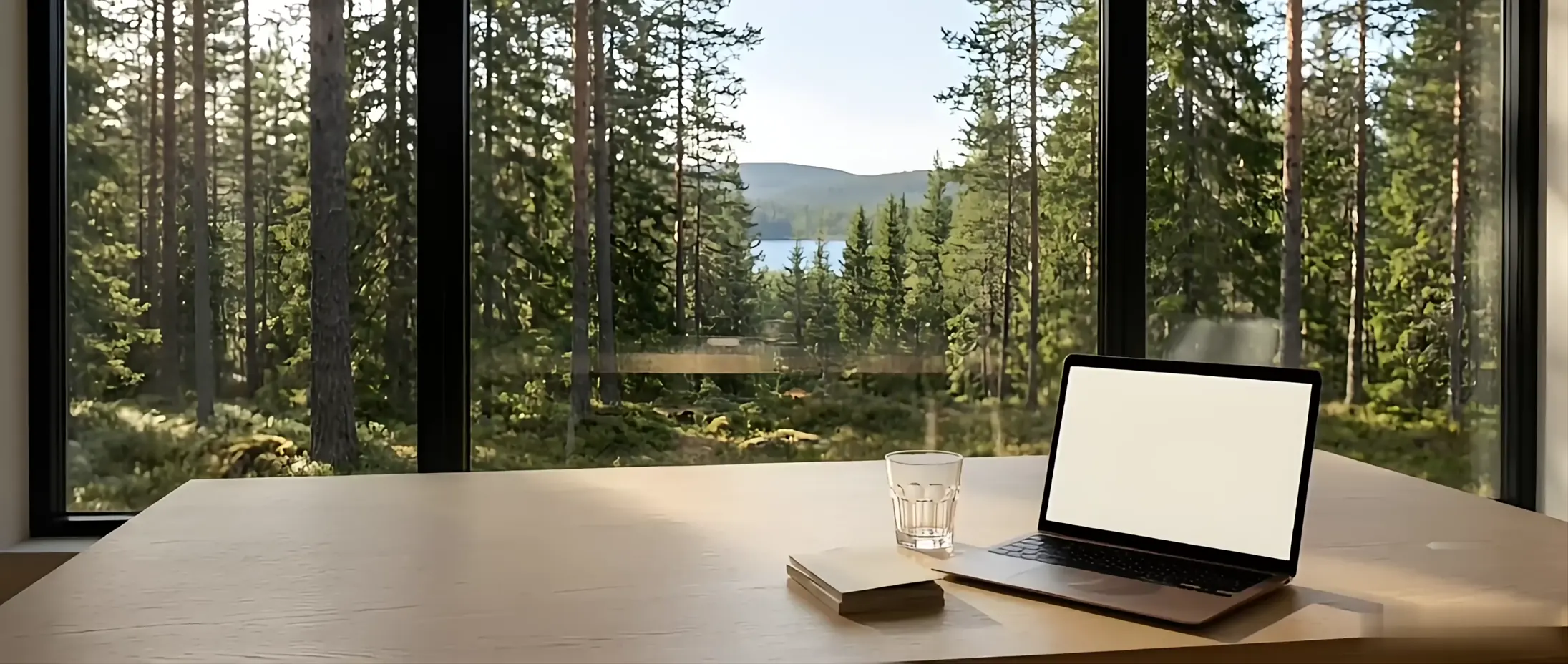 Oak work table with a laptop before a floor-to-ceiling window over the same forest and lake